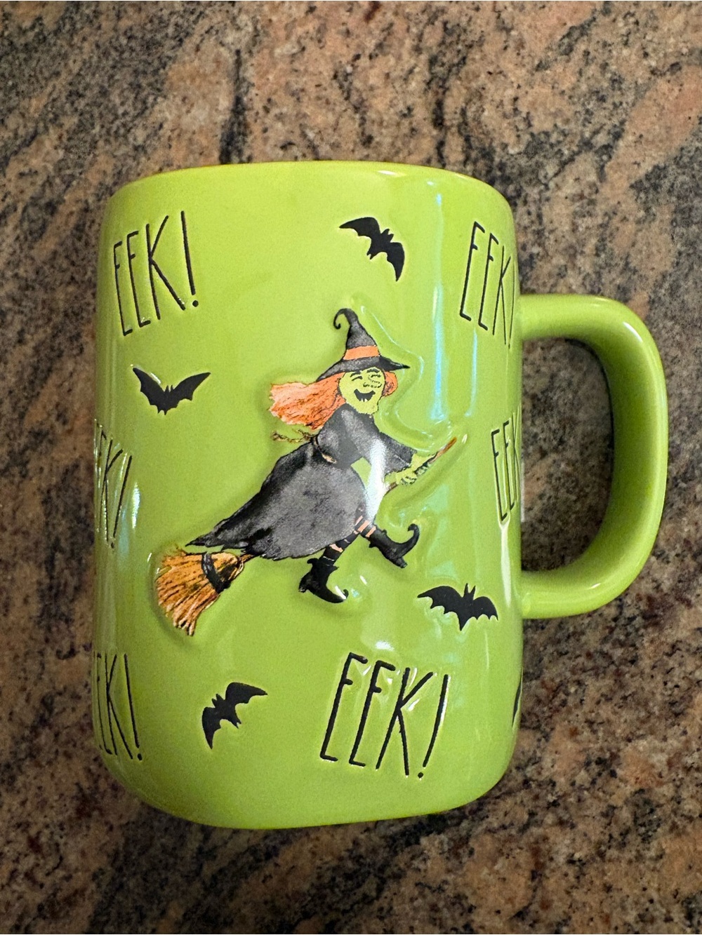 Rae Dunn Halloween Green EEK! Coffee Mug with Witch and Bats Artisan Collection